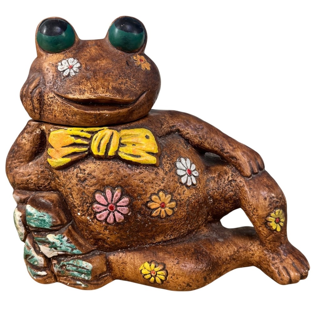 Vintage Hand Painted Terracotta Frog Figurine Flower Power Bowtie Brown 70s Boho